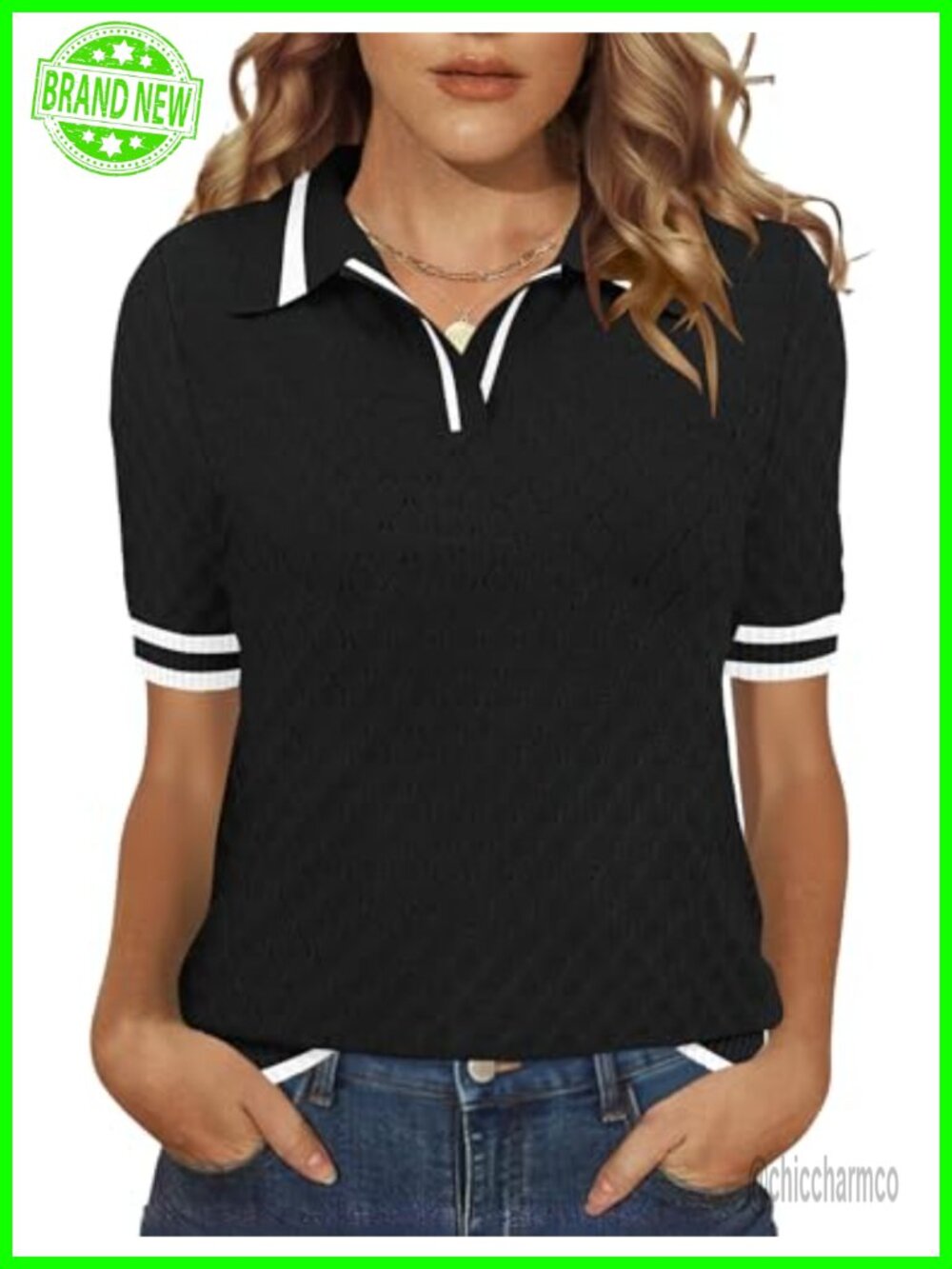 Women's Short Sleeve Knit Polo Sweater V-Neck Lightweight Pullover